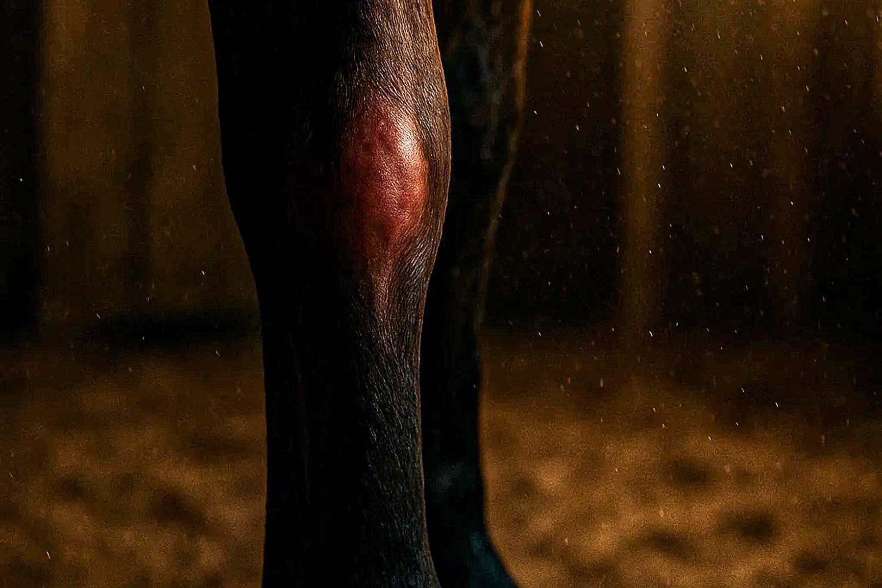 A horse being hand-walked on soft, even footing during controlled tendon rehabilitation