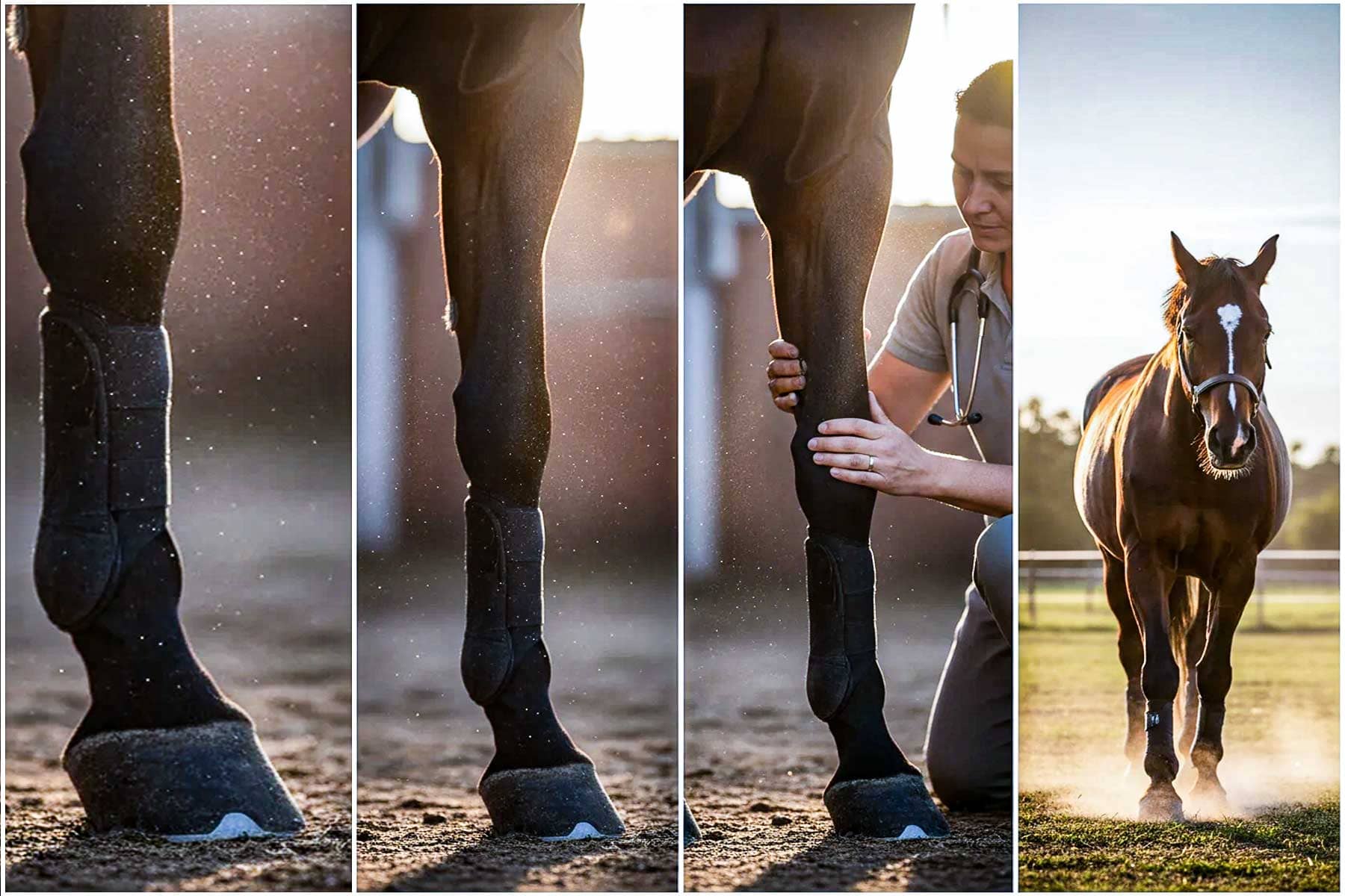 A close-up of a horse’s lower leg showing gentle palpation to detect early tendon heat or swelling