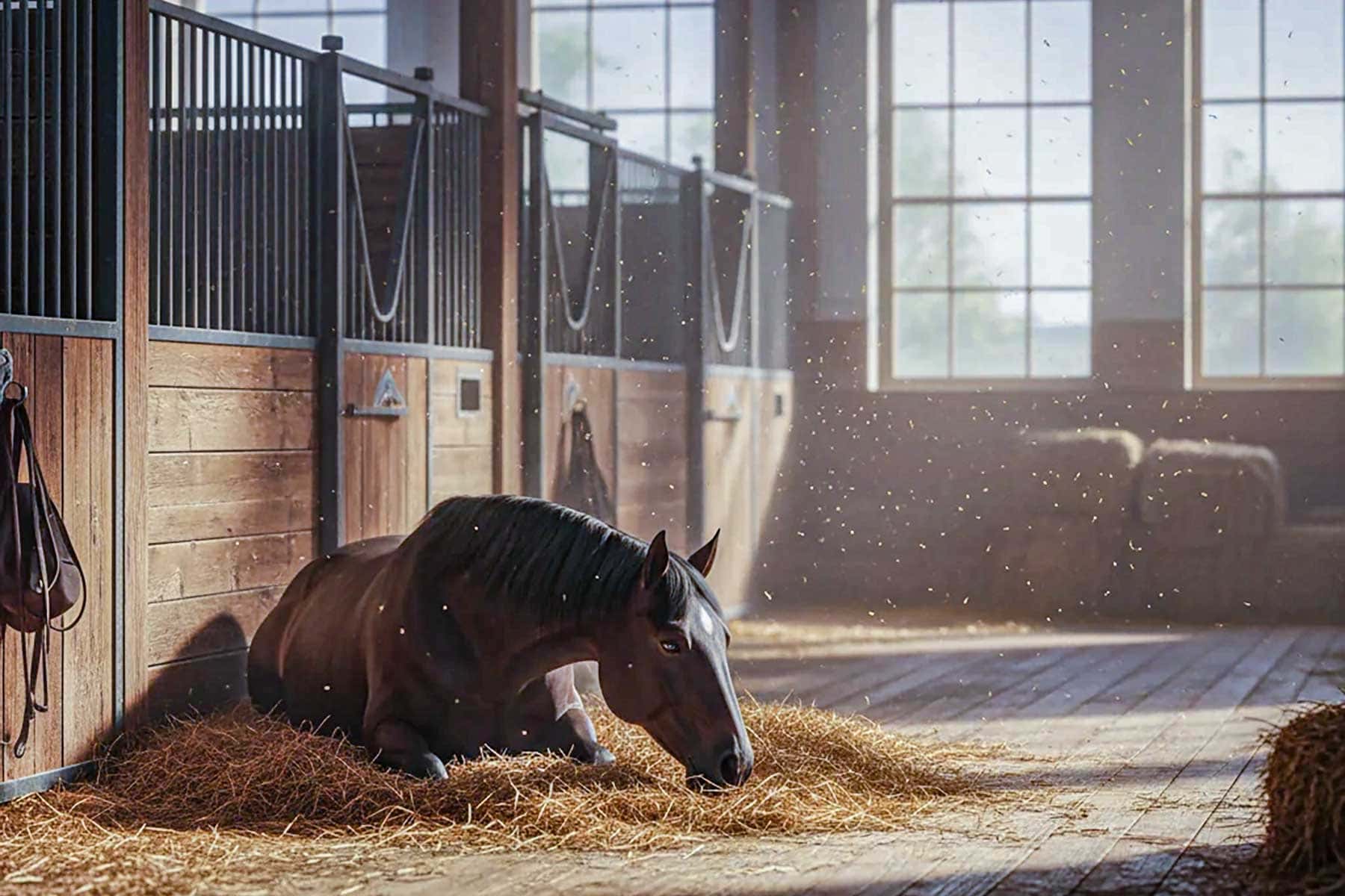 Soft natural light entering a calm horse stable through large windows
