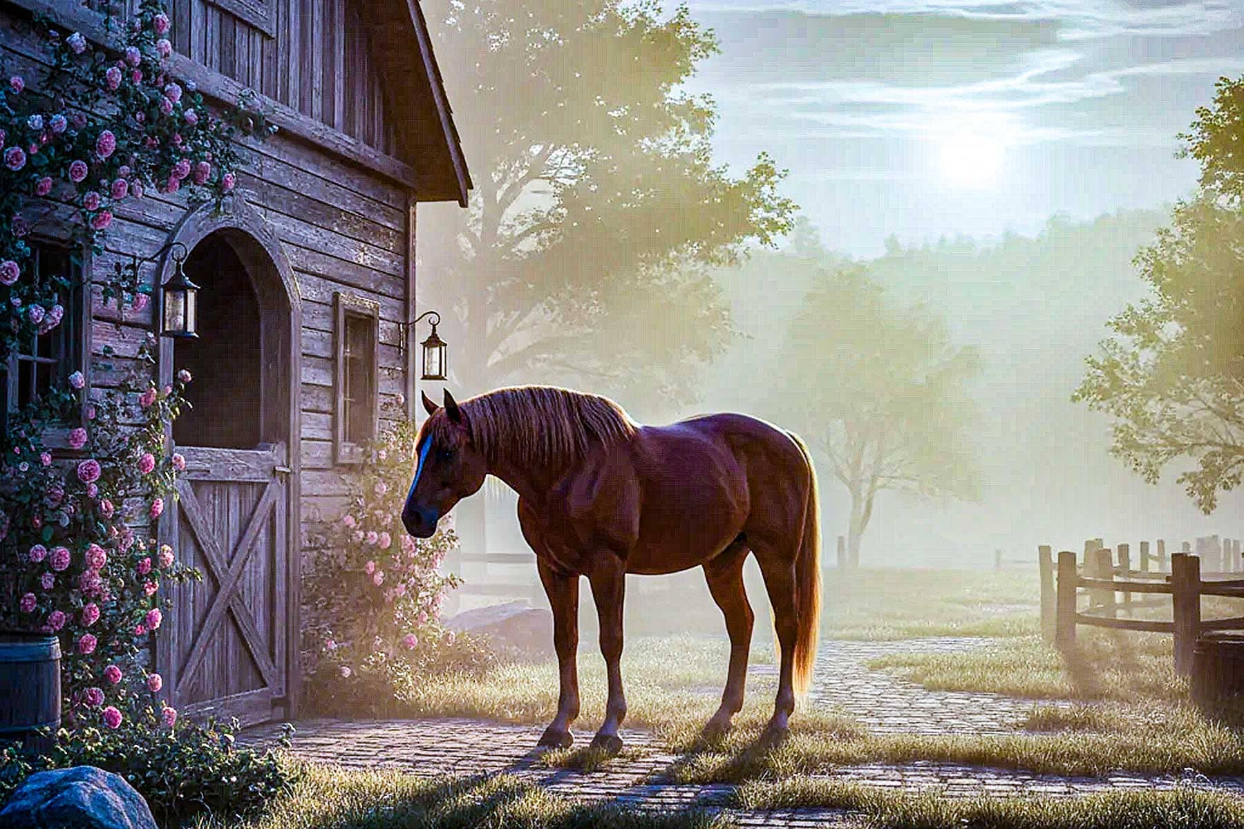 Fresh water and neatly arranged feed inside a well-kept stable